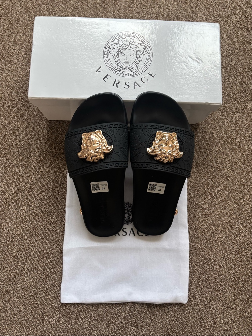 Versace Black Slide Sandals with Gold Medusa Accent